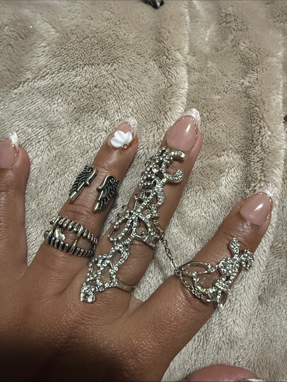 Silver tone Crystal Statement Hand Chain Ring - Silver